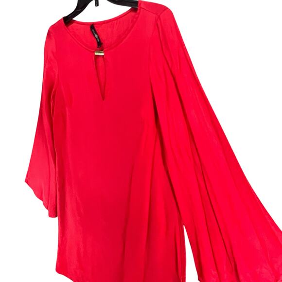 Alice Trixie NYC Silk Shift Dress M Cherry Red Keyhole Neck Bell Sleeve Cocktail - Picture 4 of 15